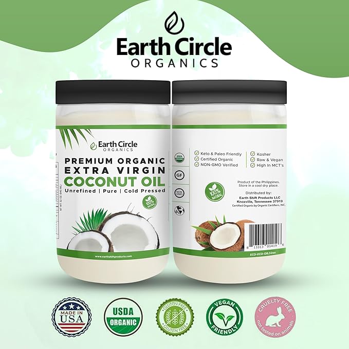 Earth Circle Organics Premium Ultra Pure Extra Virgin Organic Coconut Oil Cold Pressed Baking Smoothies Skin &amp Hair Care Gluten-Free Keto &amp Paleo Friendly (32 Ounce Unrefined)