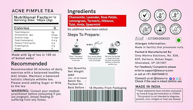 TEACURRY Acne Pimple Tea (30 Tea Bags) - Helps in Pimples Cysts Pustules &amp Nodules