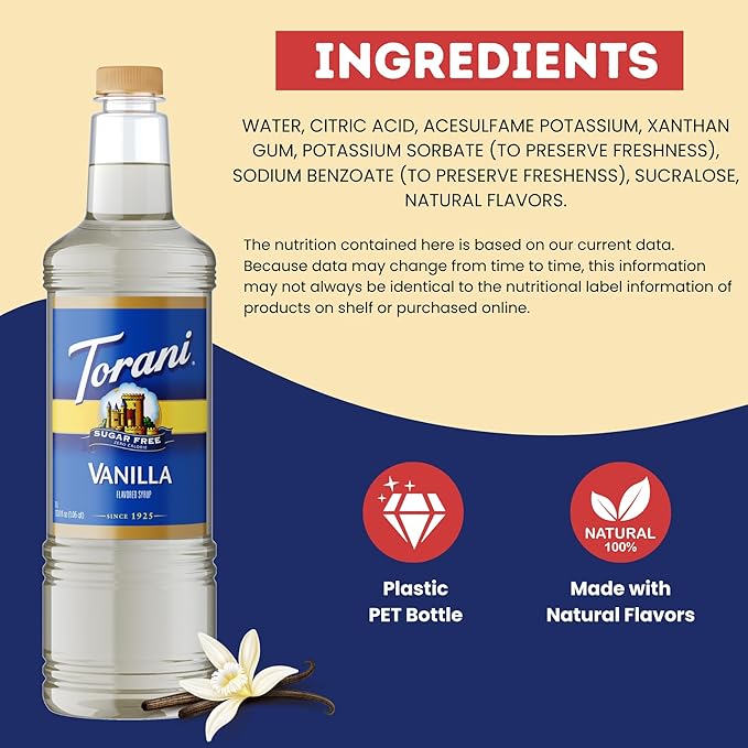 Torani Sugar Free Vanilla Syrup 1 Liter Bottle with Pump Dispenser – Zero Calorie Flavored Coffee Syrup for Lattes Cold Brews Teas Cocktails &amp Desserts