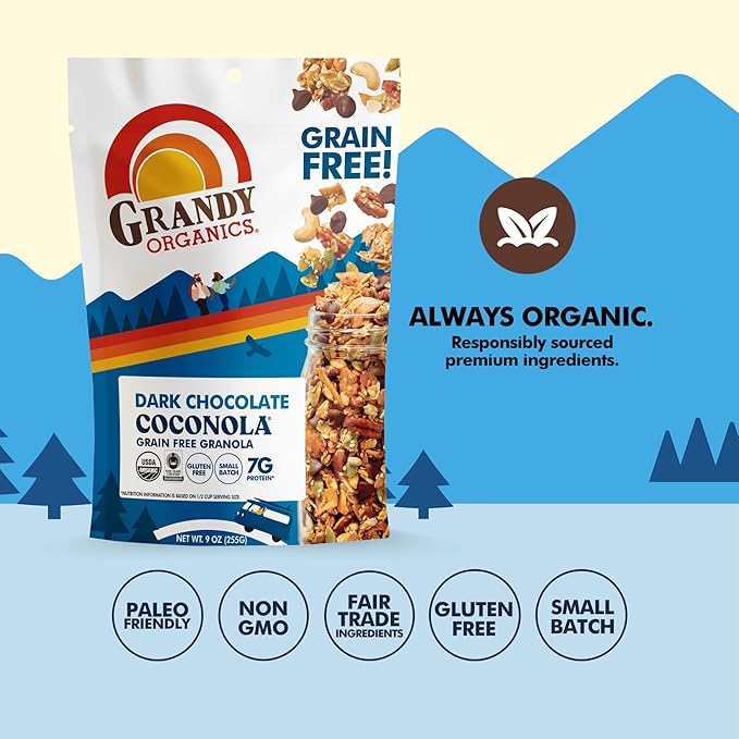 Grandy Organics Dark Chocolate Coconola Granola Certified Organic Gluten Free Granola Grain Free Chocolate Flavored Coconola Kosher Certified Paleo Friendly 9oz Each Pack of 3