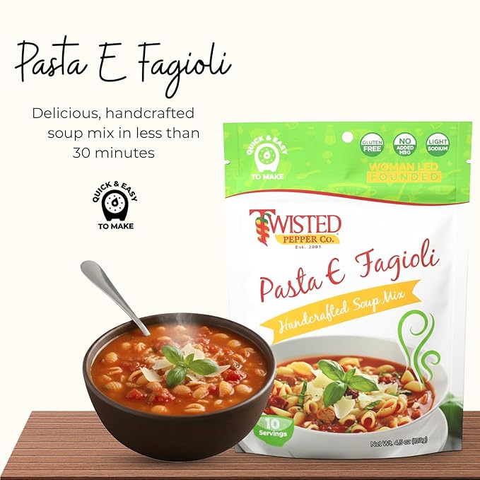 Twisted Pepper Co. Pasta E Fagioli Soup Mix: Gluten-Free – Handcrafted Soup – Rich Italian Flavors Low Sodium No Added MSG | Quick &amp Easy Meal Ready in 30 Minutes Serves 10 Add Pasta &amp To