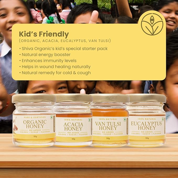 Shiva Organic Honey Tasters - Kid-Friendly Pack | 4 Flavors x 50g Each | Total 200g | Delight Young Taste Buds with Pure and Natural Honey