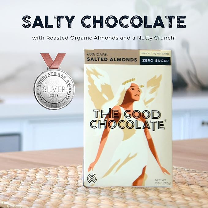 THE GOOD CHOCOLATE - Mini Salted Almonds Chocolate Bars with Zero Sugar &amp Lower Net Carb - Keto Chocolate Bar Offers Lower Calorie Chocolate Candy - All Natural Non-GMO (Pack of 10)