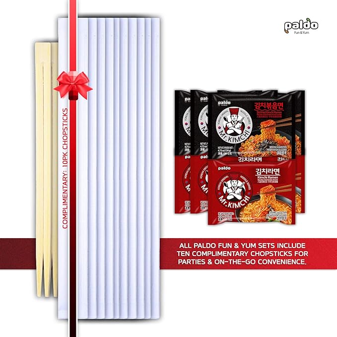 Paldo Fun &amp Yum Mr. Kimchi Noodles Set 4 Pack of Stir-Fried Instant Noodles &amp 4 Pack of Noodles with Kimchi Based Soup with 10 Disposable Chopsticks Spicy Ramen Challenge 미스터 김치 김치볶음면 &amp