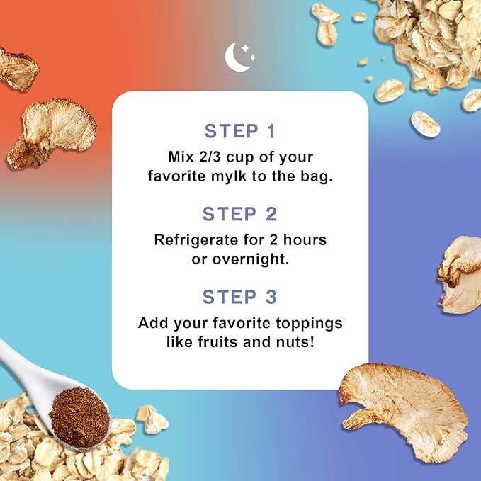 Mushroom Overnight Oats (6 Pack) Superfood Lions Mane Mushroom Chia &amp Flax Seed - Organic Protein Oatmeal - High Fiber Vegan Gluten Free Low Sugar - Easy Prep Plant Protein - Apple Cinnamon