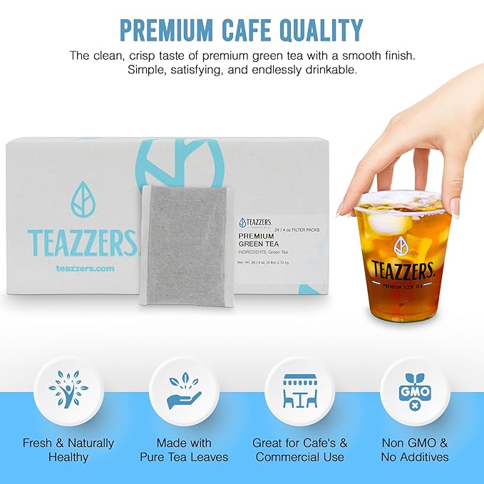 Teazzers Premium All-Natural Green Tea Bags – Great for Foodservice Commercial Ice Tea Brewers | Unsweetened USA-Made Bulk Green Tea for Restaurants Cafés &amp Home Brewing (4 Ounce 24 Count)