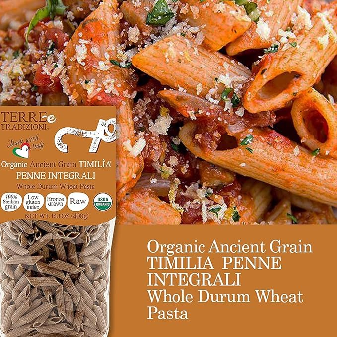 Tere e Tradizionni Organic Timilia/Tumminia Low-Gluten Index Whole Wheat Penne Pasta - Ancient Grains Grown in Sicily Italy - Al Dente Texture - Non-Gmo - Lower Carb - No Sugar Added - High in Fiber a
