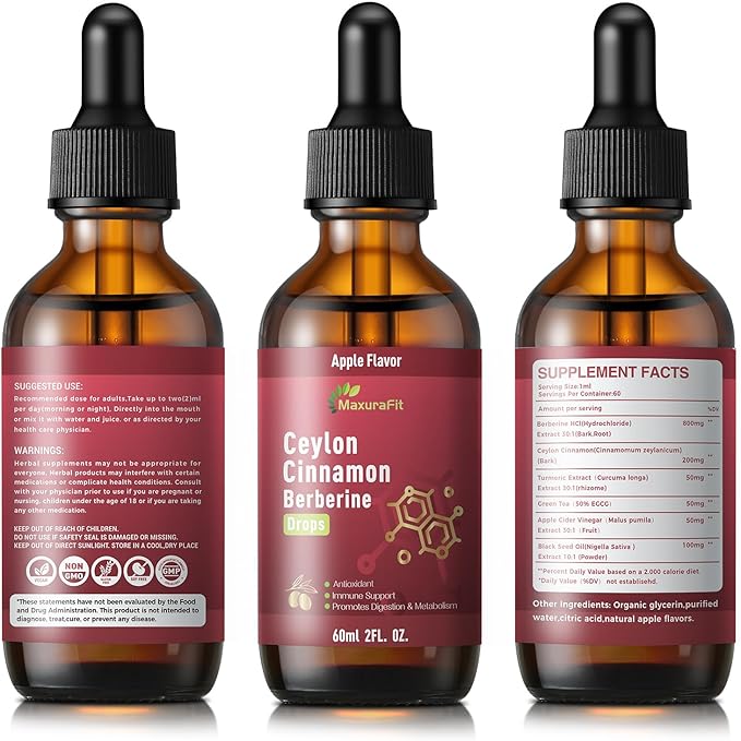 2 Pack Ceylon Cinnamon Berberine Bitter Liquid Drops Supplement with TurmericGreen TeaApple Cider VinegarBlack Seed Oil for Immune System &amp Digestive System Supports 4 FL OZ