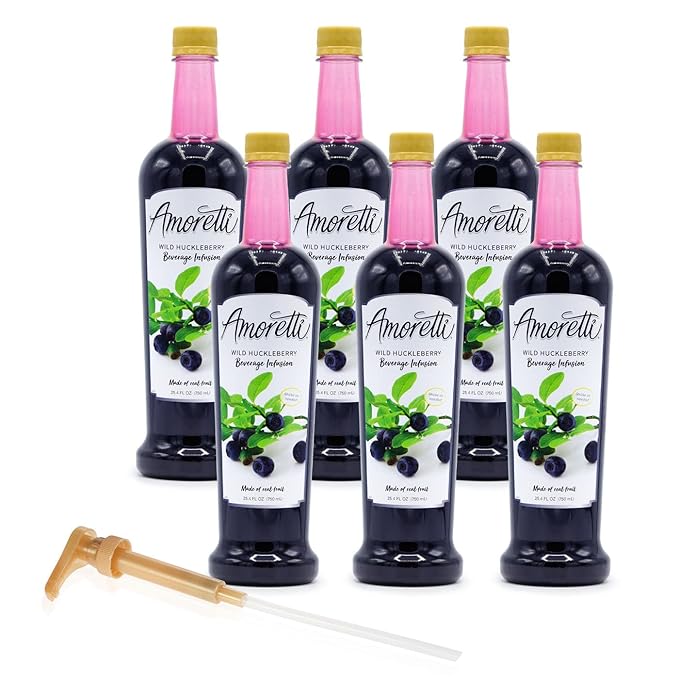 Amoretti - Wild Huckleberry Beverage Infusion 94 Servings Per Bottle (750 ml) - Drink Mix &amp Water Enhancer with Pump for Flavoring Cocktails Waters Teas and other Beverages Preservative Free