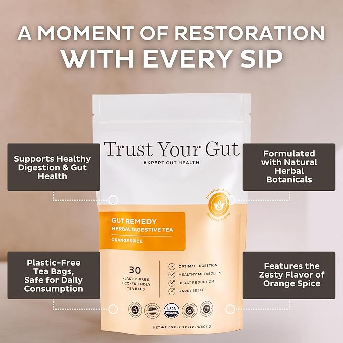 Trust Your Gut Organic Herbal Tea Blend – Lemon Balm Holy Basil Dandelion &amp Ginger Root – Supports Healthy Digestion &amp Gut Balance – Orange Spice 30 Bags