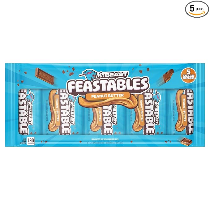 Feastables MrBeast Peanut Butter Milk Chocolate Chocolate Bar Full Size Bar for Adults &amp Kids Candy Bars Snacks Gifts &amp Dessert Fairtrade Cocoa 1.24 Oz Each 5 Count