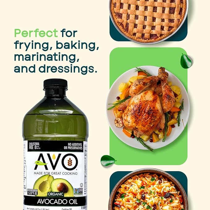 AVO Organic Avocado Oil for Cooking Frying Baking Salads Vinaigrette Marinades - General Organic Cooking Oil 64 Fl-oz (Half a Gallon) NO preservatives added High Smoke Point 500°F