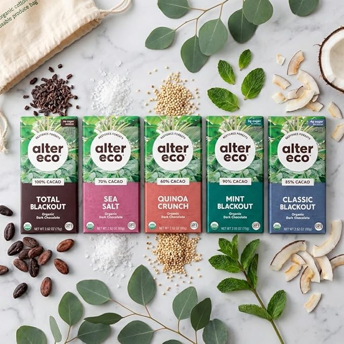 Alter Eco Dark Chocolate Variety Pack 5pk – Blackout 85% Quinoa Crunch Sea Salt Organic Superdark Mint &amp 100% Cacao – Organic Fair Trade Chocolate Bars