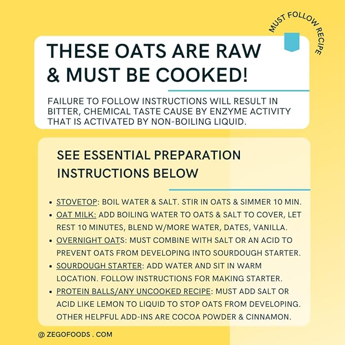 ZEGO Double Protein Raw Oats Organic Purity Protocol Gluten Free GIyphosate Free 14oz Bags 5 Bags (70oz ttl) RAW: FOLLOW PREP INSTRUCTIONS CAREFULLY