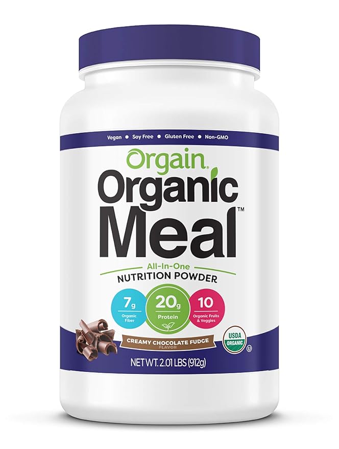 Orgain Organic Vegan Meal Replacement Protein Powder Creamy Chocolate Fudge (2.03lb) Organic Greens Powder + 50 Superfoods (0.62lb) Bundle