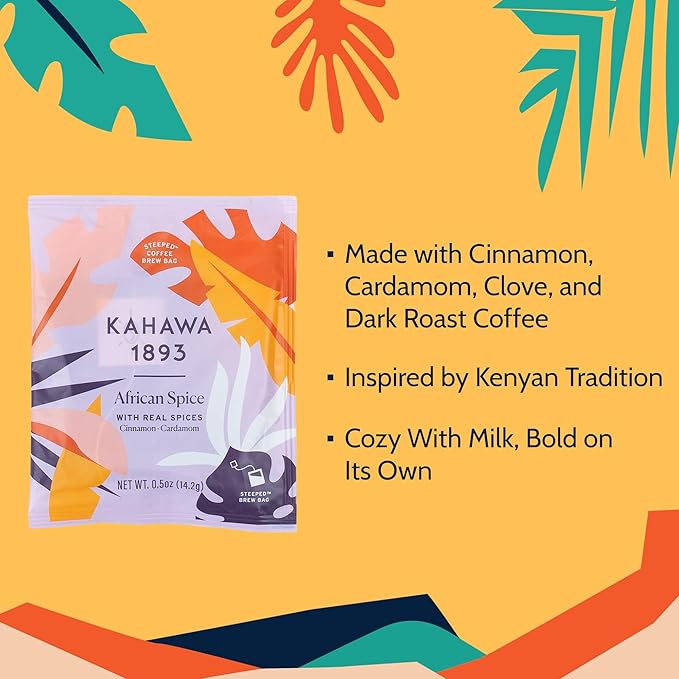 Kahawa 1893 Coffee Tea Bags Medium Roast African Spice 12 Single Serve Bags - With Cinnamon Cardamom &amp Clove As Seen on Shark Tank High Antioxidants Organically Grown Ethically &amp Sustaina