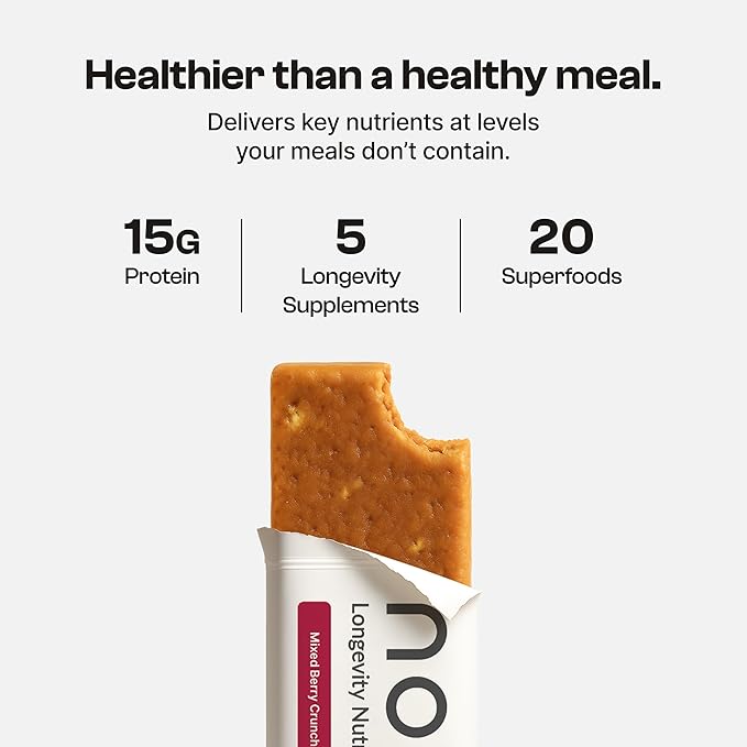 Novos Longevity Protein Bar | 15g Protein 20 Superfoods 5 Longevity Ingredients for Men &amp Women | Supports Skin Mind &amp Mood | Mixed Berry Crunch (12-Pack)