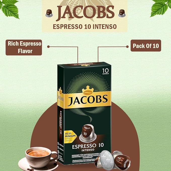 Jacobs Espresso 10 Intense 10x10 CAPSULES Coffee Capsules Compatible with (057 USD/1 CAP)