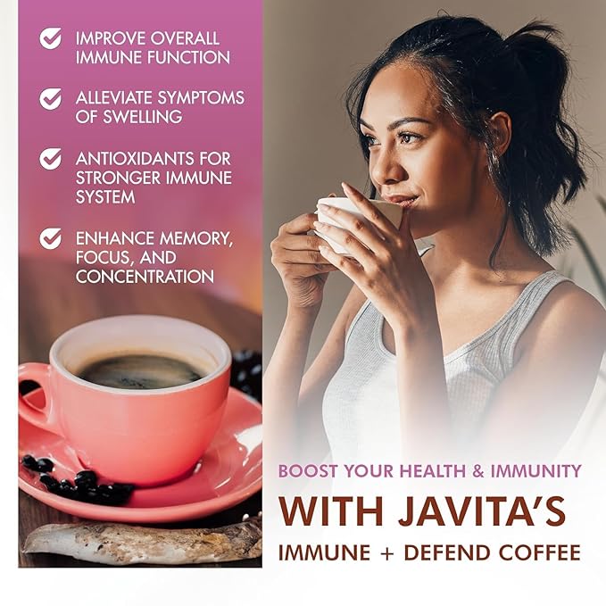 Mushroom + Coffee Javita Immune &amp Defend Blend of Chaga Lion's Mane and Dark Roast Robusta Coffee for Morning Boost Wellness Support Smooth Convenient Coffee Mix (2 box/48 serv)