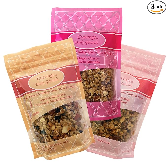 Cravings Daily Granola Variety- 3 Pack- Apricot Blueberry Coconut &amp Macadamia Nut Cranberry Orange &amp Roasted Nut and Michigan Cherry &amp Sliced Almond