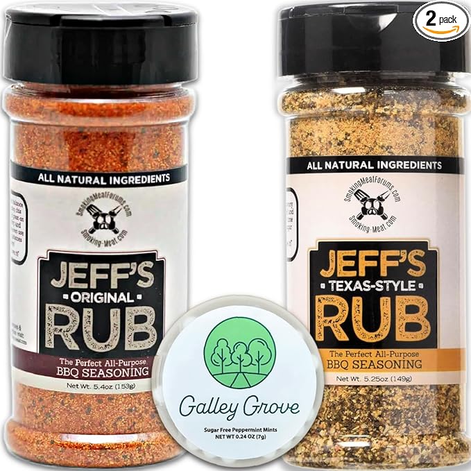Jeff's Original Rub + Texas Style Rub BBQ Seasoning (2-Pack) Grill or Smoker - Pork Chicken Ribs Brisket Steak Seafood Vegetables - Bundle With Galley Grove Sugar-Free Breath Mints