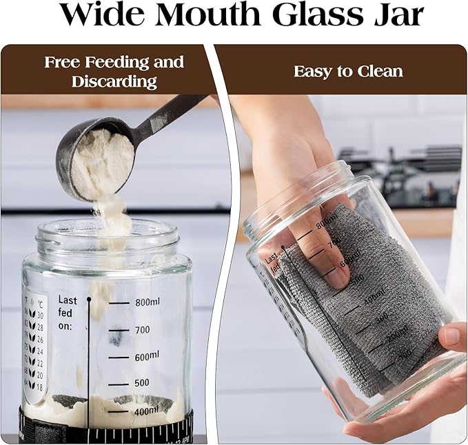 Sourdough Starter Kit34oz Sourdough Starter Jar Glass with Sourdough Recipes Cookbook.Sourdough Bread Baking Supplies with ThermometerNatural Wooden Lid Anti-slip MatSourdough Jar scraper (2 pack)