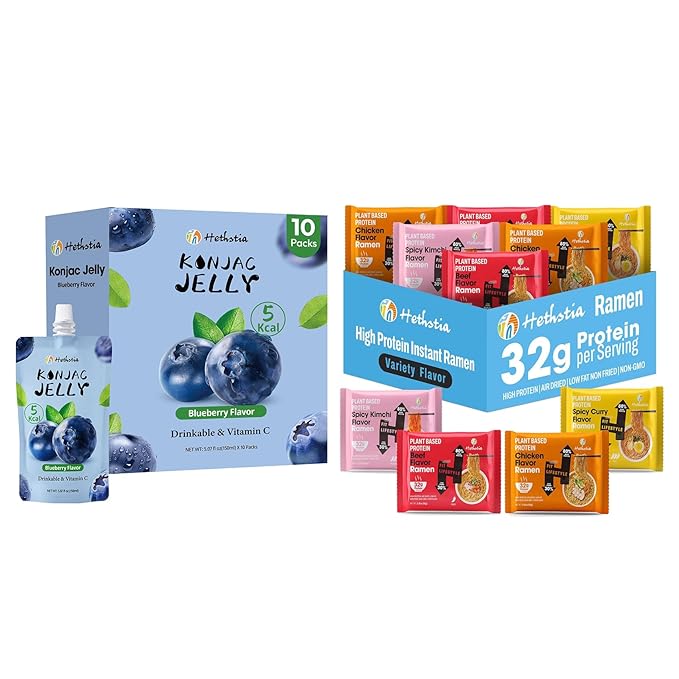 Hethstia High-Protein Ramen Variety 6-Pack and Konjac Jelly Blueberry Flavor 10 Pouches Drinkable Jelly – Low Calorie Vegan Keto