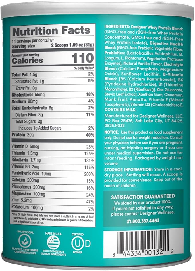 Designer Wellness Designer Whey Natural Whey Protein Powder with Probiotics Fiber and Key B-Vitamins for Energy Gluten-Free French Vanilla 12oz