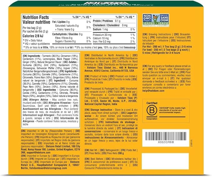 VAHDAM Turmeric Spice Herbal Tea Bags (100 Pyramid Tea Bags) | Caffeine Free Non GMO &amp Gluten Free | Turmeric Ginger Tisane with Cardamom Cinnamon Lemongrass &amp Black Pepper