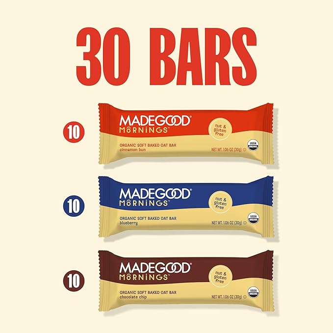 MadeGood Mornings Soft-Baked Oat Bars Variety Pack (30 count)