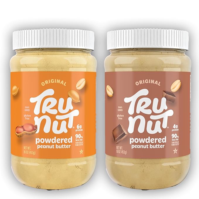 Tru-Nut Peanut Butter Powder - Original &amp Chocolate Flavor 16oz Jars - Vegan Protein Powder - Gluten Free - Low Net Carbs - Non-GMO - Low Calorie Peanut Butter
