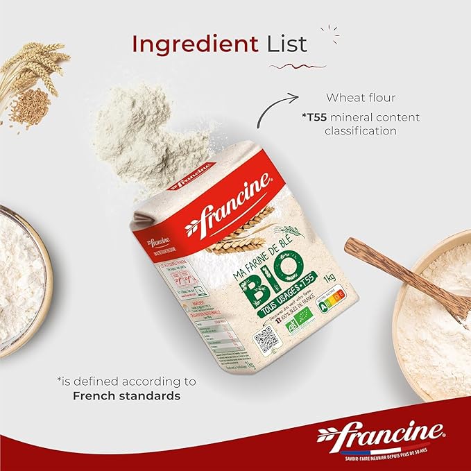 Francine Organic Wheat Flour T55 Bio French Flour from France with Lower Gluten Content Makes Great Breads Pastries and Desserts 35.3oz/1 kg (Pack of 2)