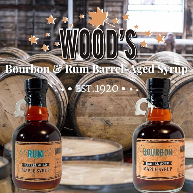 WOOD'S Vermont Bourbon Barrel Aged Maple Syrup – Premium Maple Syrup with Rich Flavor &amp Subtle Bourbon Notes – Ideal for Pancakes Desserts and Cocktails – 8.45 oz
