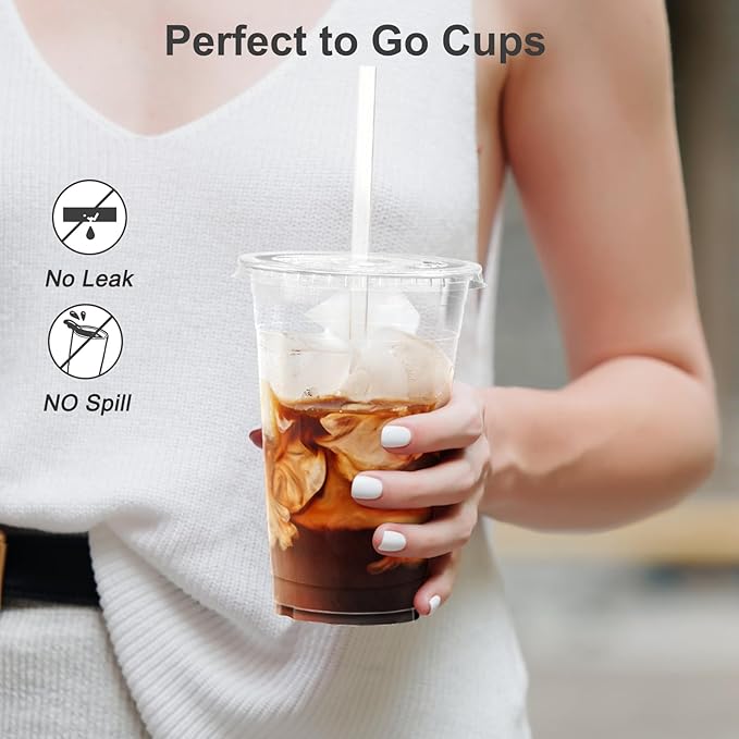 100 Pack - 24 oz Clear Plastic Cups with Lids and Straws Sturdy &amp Food Safe Iced Coffee Cups with lids Disposable Plastic Smoothie Cups for Cold Drinks