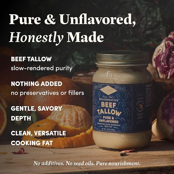 FOND Regenerative Grass-Fed Beef Tallow for Cooking – High Smoke Point Grass Fed Beef Tallow for Frying Sautéing &amp Roasting – Sustainably Sourced Seed Oil Free – Pure &amp Unflavored 14oz