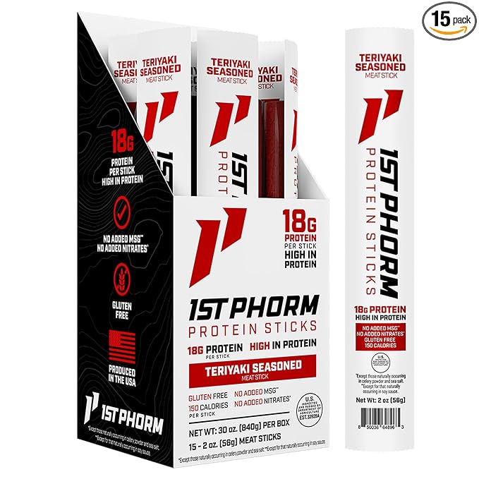 1st Phorm Meat Sticks Teriyaki Seasoned 18G Protein per Serving USA Raised Lean Beef and Pork High Protein Snacks Gluten Free No Msg or Nitrates Individually Wrapped 15 Count