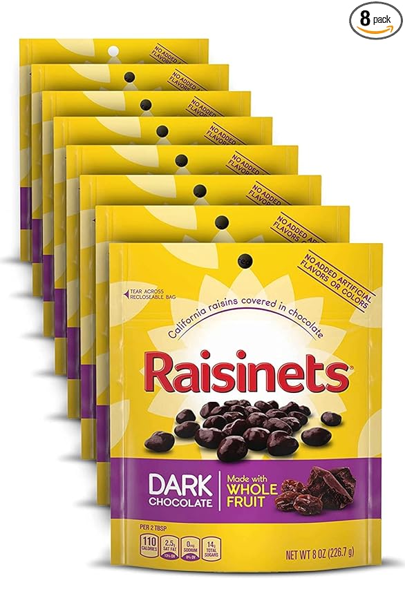 Raisinets Dark Chocolate Covered California Raisins 8.0 oz Resealable Bag Bulk 8 pack