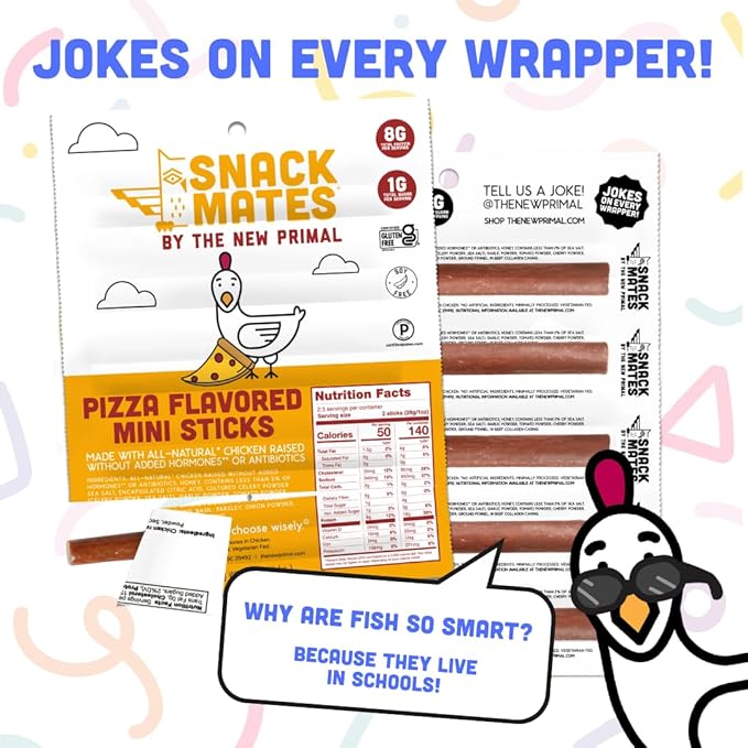 Snack Mates by New Primal Sampler Three Flavor Pack Mini Chicken Sticks High Protein and Low Sugar Kids Snack Certified Gluten Free Soy Free Certified Paleo Lunchbox Friendly 15 Count