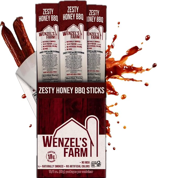 Wenzel’s Farm Zesty Honey BBQ Sticks │Supports Active Lifestyles│ Flavorful Naturally Smoked │ High Protein Low Carb │ No MSG Fillers Binders Artificial Colors │ Gluten Free | 32 sticks (16 packs