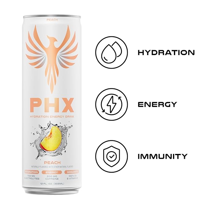 PHX Hydration Energy Drink - 700mg Electrolytes 200mg Natural Green Tea Caffeine 100% Daily Value 8 Essential Vitamins - 12 oz Cans (12 Pack) (12 Pack Peach)