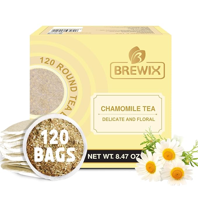 BREWIX Chamomile Tea (120 Round Tea Bag) | Eco-Conscious Tea Bags | Stress Relief Relaxing Calming Supports Healthy Digestion | Caffeine Free | Premium Natural Camille Tea | Herbal Tea