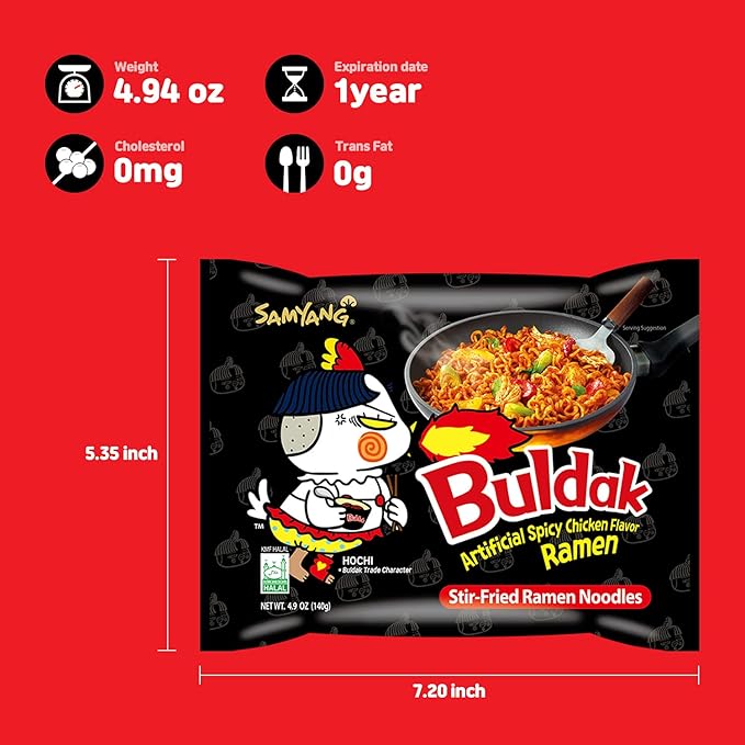 Samyang Buldak (Korean) Hot Spicy Chicken Stir Fried Ramen (Noodles) 4.94 oz (Pack of 40)