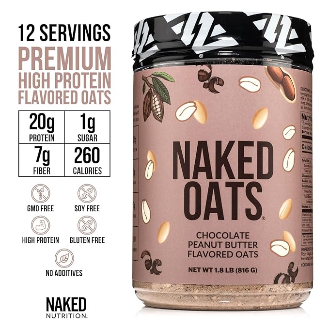 Naked Oats - Chocolate PB Overnight Oats 20g Grass-Fed Protein Gluten-Free Oatmeal Instant Breakfast or Shake High Protein Oatmeal High Fiber Breakfast Shake Non GMO No Soy - 12 Servings