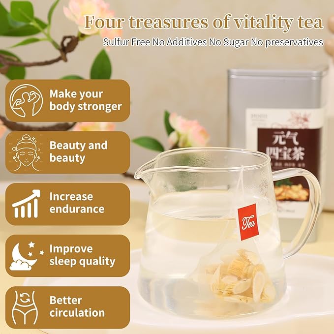 DOZO Four Treasures Tea for Men Women 40bags Chinese Herbal Tea Ophiopogon Astragalus Root Codonopsis Root American Ginseng for Nourishing Qi 黄芪 麦冬 西洋参 党参 元气四宝茶