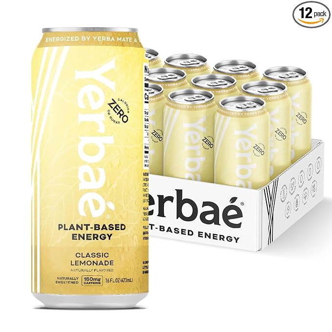 Yerbae Energy Beverage - Classic Lemonade 0 Sugar 0 Calories 0 Carbs Energized by Yerba Mate Plant-Based Healthy Alternative to Sugary Drinks 16oz cans (12 Pack)