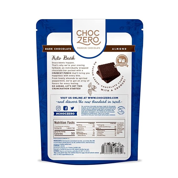 ChocZero Keto Bark Dark Chocolate Almonds with Sea Salt Sugar Free Low Carb No Sugar Alcohols No Artificial Sweeteners All Natural Non-GMO 6 Ounce (Pack of 2)