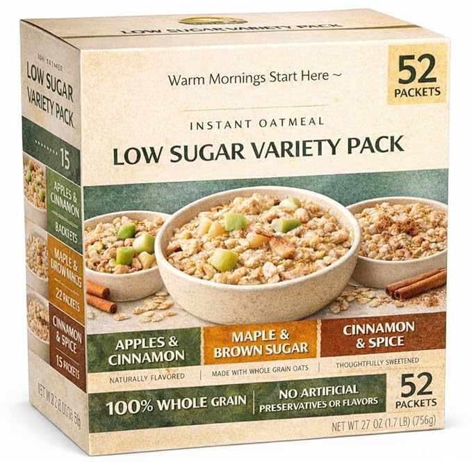 Instant Oatmeal Variety Pack 52 Packets Apples &amp Cinnamon Maple &amp Brown Sugar &amp Cinnamon &amp Spice Whole Grain Breakfast Oats