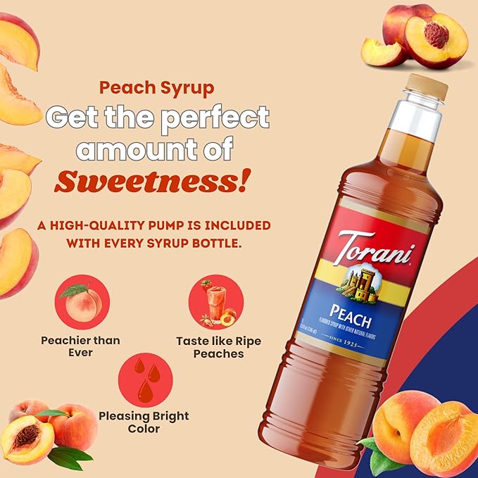Torani Peach Syrup 1 Liter Bottle with Pump – Premium Drink Flavoring Made with Pure Cane Sugar &amp Natural Flavors for Lemonades Teas Cocktails Mocktails &amp Desserts – Sweet Juicy Peach Sweet
