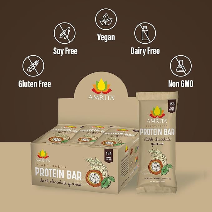 Amrita Nut Free Dark Chocolate Quinoa Vegan Protein Bars (12 CT PK of 3) | 12g Plant-Based Protein Bar | Peanut Free Gluten Free and Dairy Free | Low Sugar High Fiber Healthy School-Safe Snacks