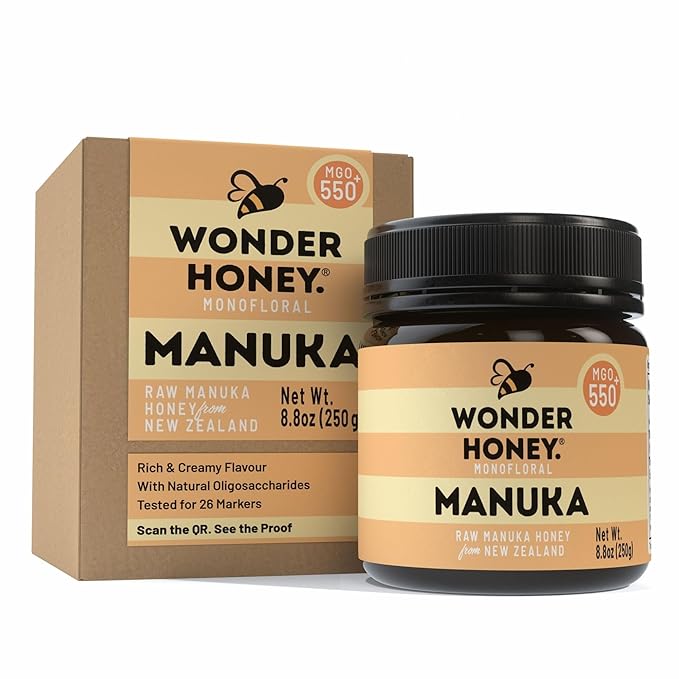 Wonder Honey Raw Manuka Honey New Zealand MGO550 (15+) Tested for 26 Markers Traceable Natural Soothing for Sore Throat Cough - Aids Digestion - Triple Sealed for safety in a Protective Box (8.8oz)